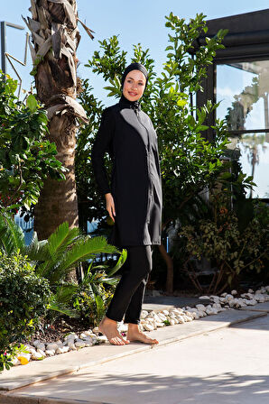 RUKOMAYO SİYAH BALIKÇI YAKA FERMUARLI LYCRA PARAŞÜT ( SU İTİCİ VE ÇABUK KURUYAN ) KUMAŞ TESETTÜR MAYO