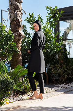 RUKOMAYO SİYAH BALIKÇI YAKA FERMUARLI LYCRA PARAŞÜT ( SU İTİCİ VE ÇABUK KURUYAN ) KUMAŞ TESETTÜR MAYO