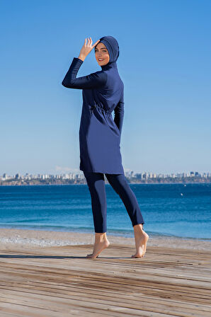 RUKOMAYO LACVİERT BALIKÇI YAKA FERMUARLI LYCRA PARAŞÜT ( SU İTİCİ VE ÇABUK KURUYAN ) KUMAŞ TESETTÜR MAYO