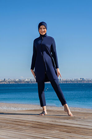 RUKOMAYO LACVİERT BALIKÇI YAKA FERMUARLI LYCRA PARAŞÜT ( SU İTİCİ VE ÇABUK KURUYAN ) KUMAŞ TESETTÜR MAYO