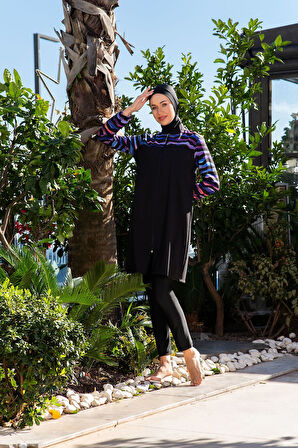 RUKOMAYO SİYAH MOR  DESENLİ ROBALI  LYCRA PARAŞÜT ( SU İTİCİ VE ÇABUK KURUYAN ) KUMAŞ TESETTÜR MAYO