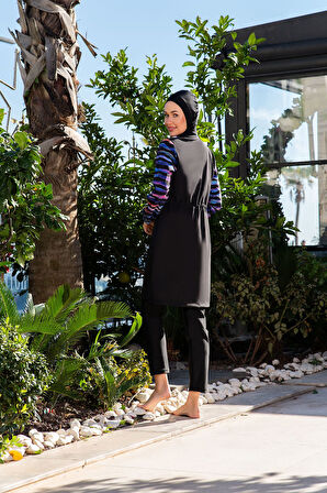 RUKOMAYO SİYAH MOR  DESENLİ ROBALI  LYCRA PARAŞÜT ( SU İTİCİ VE ÇABUK KURUYAN ) KUMAŞ TESETTÜR MAYO