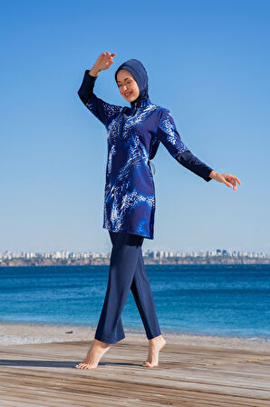 RUKOMAYO LACVİERT DESENLİ YARI FERMUARLI LYCRA PARAŞÜT ( SU İTİCİ VE ÇABUK KURUYAN ) KUMAŞ TESETTÜR MAYO