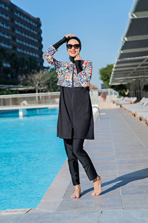 RUKOMAYO SİYAH DESENLİ CROP MODEL ELDİVENLİ LYCRA PARAŞÜT ( SU İTİCİ VE ÇABUK KURUYAN ) KUMAŞ TESETTÜR MAYO