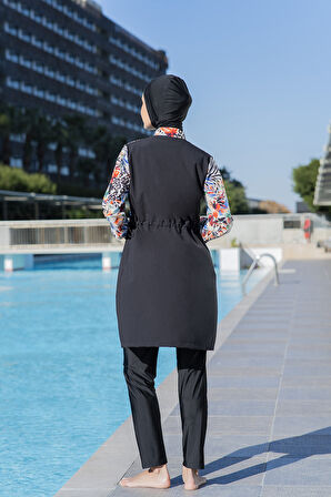 RUKOMAYO SİYAH DESENLİ CROP MODEL ELDİVENLİ LYCRA PARAŞÜT ( SU İTİCİ VE ÇABUK KURUYAN ) KUMAŞ TESETTÜR MAYO