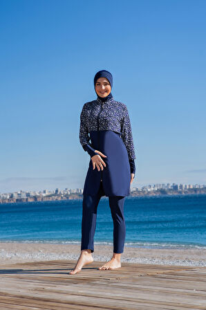 RUKOMAYO LACVİERT DESENLİ CROP MODEL ELDİVENLİ LYCRA PARAŞÜT ( SU İTİCİ VE ÇABUK KURUYAN ) KUMAŞ TESETTÜR MAYO