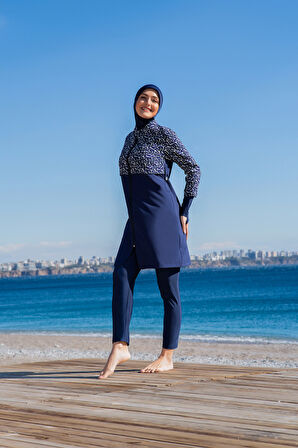 RUKOMAYO LACVİERT DESENLİ CROP MODEL ELDİVENLİ LYCRA PARAŞÜT ( SU İTİCİ VE ÇABUK KURUYAN ) KUMAŞ TESETTÜR MAYO