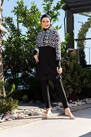 RUKOMAYO SİYAH BEYAZ DESENLİ CROP MODEL ELDİVENLİ LYCRA PARAŞÜT ( SU İTİCİ VE ÇABUK KURUYAN ) KUMAŞ TESETTÜR MAYO