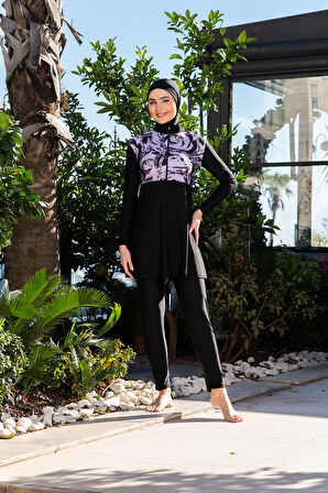 RUKOMAYO SİYAH DESENLİ CROP MODEL LYCRA ( SU İTİCİ VE ÇABUK KURUYAN ) KUMAŞ TESETTÜR MAYO