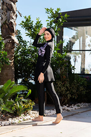 RUKOMAYO SİYAH DESENLİ CROP MODEL LYCRA ( SU İTİCİ VE ÇABUK KURUYAN ) KUMAŞ TESETTÜR MAYO