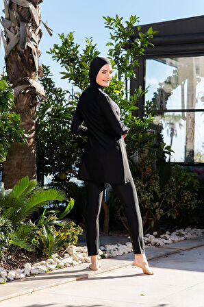 RUKOMAYO SİYAH DESENLİ CROP MODEL LYCRA ( SU İTİCİ VE ÇABUK KURUYAN ) KUMAŞ TESETTÜR MAYO