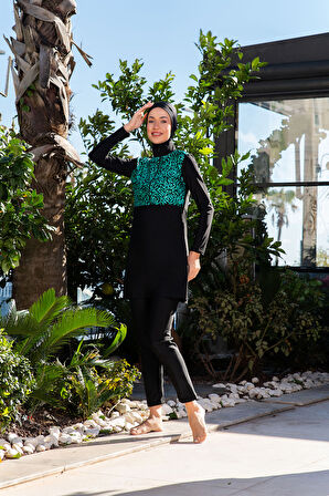 RUKOMAYO SİYAH YEŞİL DESENLİ CROP MODEL LYCRA ( SU İTİCİ VE ÇABUK KURUYAN ) KUMAŞ TESETTÜR MAYO