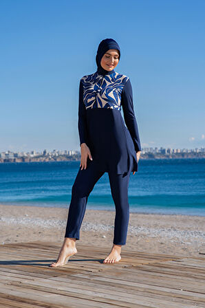 RUKOMAYO LACİVERT DESENLİ CROP MODEL LYCRA ( SU İTİCİ VE ÇABUK KURUYAN ) KUMAŞ TESETTÜR MAYO