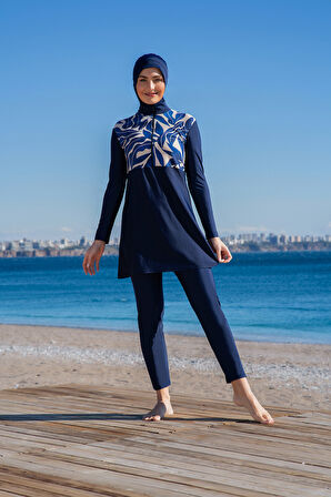 RUKOMAYO LACİVERT DESENLİ CROP MODEL LYCRA ( SU İTİCİ VE ÇABUK KURUYAN ) KUMAŞ TESETTÜR MAYO