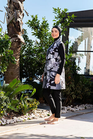 RUKOMAYO SİYAH ÇİÇEK DESENLİ BÜYÜK BEDEN LYCRA PARAŞÜT ( SU İTİCİ VE ÇABUK KURUYAN ) KUMAŞ TESETTÜR MAYO