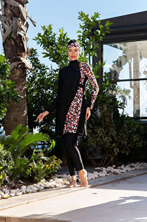 RUKOMAYO SİYAH ÇAPRAZ MODEL ÇİÇEK DESENLİ LYCRA ( SU İTİCİ VE ÇABUK KURUYAN ) KUMAŞ TESETTÜR MAYO