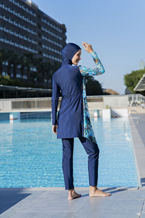 RUKOMAYO LACİVERT YAPRAK DESENLİ KRUVAZE LYCRA ( SU İTİCİ VE ÇABUK KURUYAN ) KUMAŞ TESETTÜR MAYO