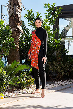 RUKOMAYO SİYAH ÇİÇEK DESENLİ KRUVAZE LYCRA ( SU İTİCİ VE ÇABUK KURUYAN ) KUMAŞ TESETTÜR MAYO