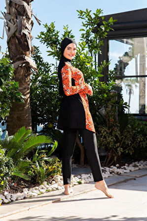 RUKOMAYO SİYAH ÇİÇEK DESENLİ KRUVAZE LYCRA ( SU İTİCİ VE ÇABUK KURUYAN ) KUMAŞ TESETTÜR MAYO