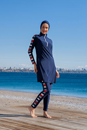 RUKOMAYO LACİVERT DESENLİ  FERMUAR DETAYLI LYCRA ( SU İTİCİ VE ÇABUK KURUYAN ) KUMAŞ TESETTÜR MAYO