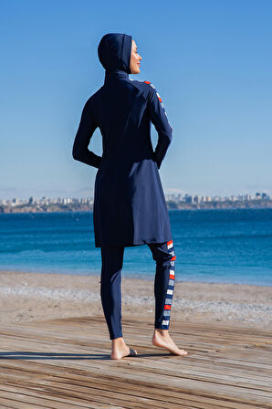 RUKOMAYO LACİVERT DESENLİ  FERMUAR DETAYLI LYCRA ( SU İTİCİ VE ÇABUK KURUYAN ) KUMAŞ TESETTÜR MAYO