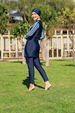 RUKOMAYO LACİVERT DESENLİ 3'LÜ TAKIM YÜZÜCÜ MODEL  LYCRA ( SU İTİCİ VE ÇABUK KURUYAN ) KUMAŞ TESETTÜR MAYO