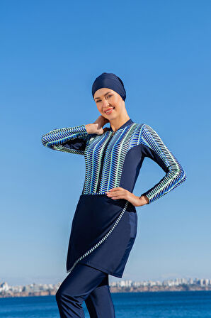 RUKOMAYO LACİVERT DESENLİ 3'LÜ TAKIM YÜZÜCÜ MODEL  LYCRA ( SU İTİCİ VE ÇABUK KURUYAN ) KUMAŞ TESETTÜR MAYO