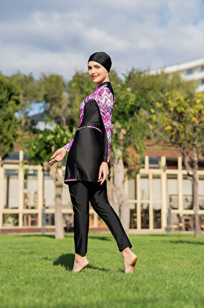 RUKOMAYO SİYAH DESENLİ 3'LÜ TAKIM YÜZÜCÜ MODEL  LYCRA ( SU İTİCİ VE ÇABUK KURUYAN ) KUMAŞ TESETTÜR MAYO