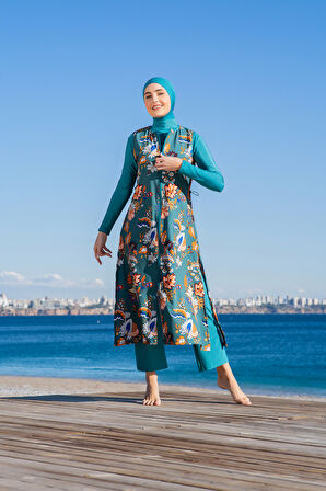 RUKOMAYO YEŞİL DESENLİ YELEKLİ 3'LÜ TAKIM  LYCRA PARAŞÜT ( SU İTİCİ VE ÇABUK KURUYAN ) KUMAŞ TESETTÜR MAYO