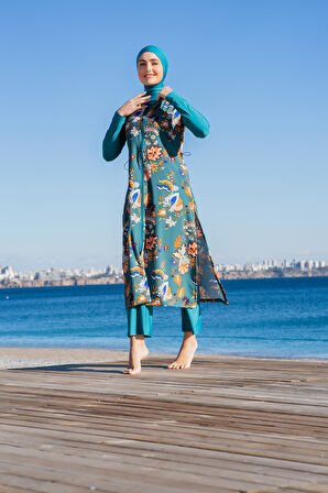 RUKOMAYO YEŞİL DESENLİ YELEKLİ 3'LÜ TAKIM  LYCRA PARAŞÜT ( SU İTİCİ VE ÇABUK KURUYAN ) KUMAŞ TESETTÜR MAYO