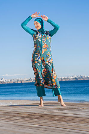 RUKOMAYO YEŞİL DESENLİ YELEKLİ 3'LÜ TAKIM  LYCRA PARAŞÜT ( SU İTİCİ VE ÇABUK KURUYAN ) KUMAŞ TESETTÜR MAYO