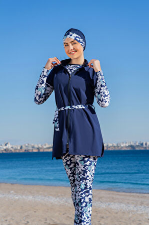 RUKOMAYO LACİVERT DESENLİ YARIM KOL YELEKLİ MODEL 3'LÜ TAKIM  LYCRA PARAŞÜT ( SU İTİCİ VE ÇABUK KURUYAN ) KUMAŞ TESETTÜR MAYO