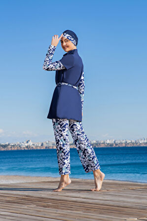 RUKOMAYO LACİVERT DESENLİ YARIM KOL YELEKLİ MODEL 3'LÜ TAKIM  LYCRA PARAŞÜT ( SU İTİCİ VE ÇABUK KURUYAN ) KUMAŞ TESETTÜR MAYO