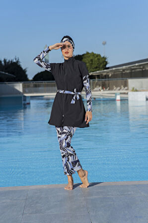 RUKOMAYO SİYAH  DESENLİ YARIM KOL YELEKLİ MODEL 3'LÜ TAKIM  LYCRA PARAŞÜT ( SU İTİCİ VE ÇABUK KURUYAN ) KUMAŞ TESETTÜR MAYO