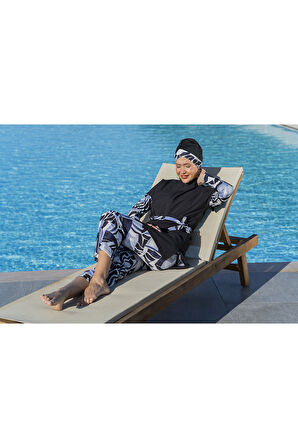 RUKOMAYO SİYAH  DESENLİ YARIM KOL YELEKLİ MODEL 3'LÜ TAKIM  LYCRA PARAŞÜT ( SU İTİCİ VE ÇABUK KURUYAN ) KUMAŞ TESETTÜR MAYO