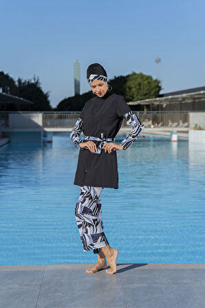 RUKOMAYO SİYAH  DESENLİ YARIM KOL YELEKLİ MODEL 3'LÜ TAKIM  LYCRA PARAŞÜT ( SU İTİCİ VE ÇABUK KURUYAN ) KUMAŞ TESETTÜR MAYO