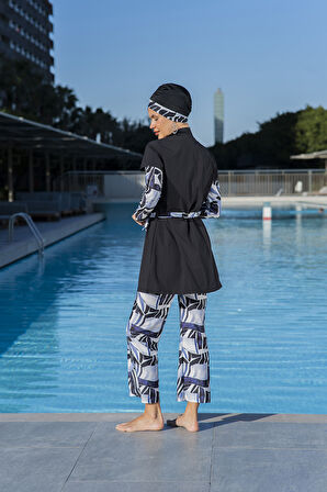 RUKOMAYO SİYAH  DESENLİ YARIM KOL YELEKLİ MODEL 3'LÜ TAKIM  LYCRA PARAŞÜT ( SU İTİCİ VE ÇABUK KURUYAN ) KUMAŞ TESETTÜR MAYO