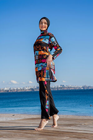 RUKOMAYO SİYAH DESENLİ ARKADAN GİZLİ FERMUARLI LYCRA PARAŞÜT ( SU İTİCİ VE ÇABUK KURUYAN ) KUMAŞ TESETTÜR MAYO