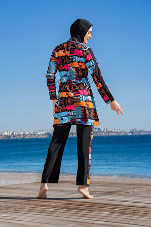 RUKOMAYO SİYAH DESENLİ ARKADAN GİZLİ FERMUARLI LYCRA PARAŞÜT ( SU İTİCİ VE ÇABUK KURUYAN ) KUMAŞ TESETTÜR MAYO