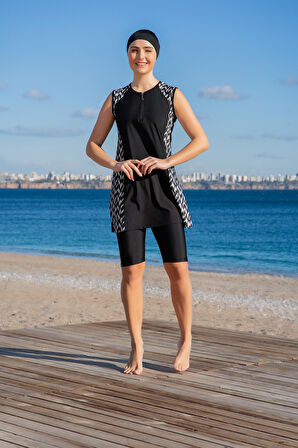 RUKOMAYO SİYAH  CUPLU O KOL LYCRA ( SU İTİCİ VE ÇABUK KURUYAN ) KUMAŞ YARI TESETTÜR MAYO