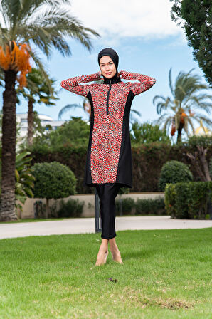 RUKOMAYO SİYAH ZEBRA DESENLİ YARIM FERMUARLI BÜYÜK BEDEN LYCRA ( SU İTİCİ VE ÇABUK KURUYAN ) KUMAŞ TESETTÜR MAYO