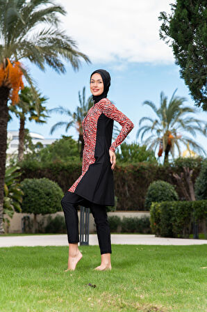 RUKOMAYO SİYAH ZEBRA DESENLİ YARIM FERMUARLI BÜYÜK BEDEN LYCRA ( SU İTİCİ VE ÇABUK KURUYAN ) KUMAŞ TESETTÜR MAYO