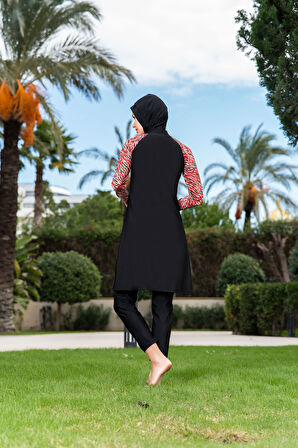 RUKOMAYO SİYAH ZEBRA DESENLİ YARIM FERMUARLI BÜYÜK BEDEN LYCRA ( SU İTİCİ VE ÇABUK KURUYAN ) KUMAŞ TESETTÜR MAYO