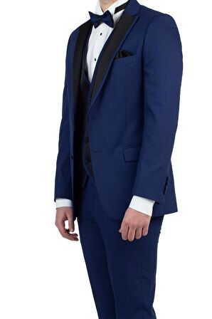 Desenli Armürlü Mono Yaka Astarlı Yelekli 6 Drop Slim Fit Dar Kesim Smokin Damatlık 1001190150 Lacivert