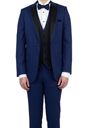 Desenli Armürlü Mono Yaka Astarlı Yelekli 6 Drop Slim Fit Dar Kesim Smokin Damatlık 1001190150 Lacivert
