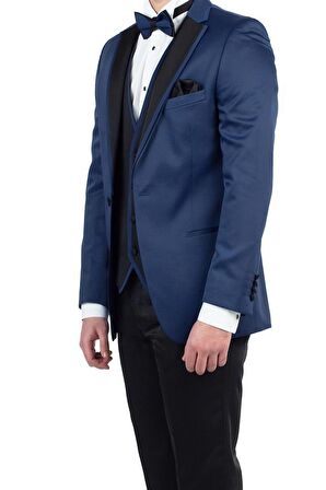 Saten Mono Yaka Astarlı Yelekli 6 Drop Slim Fit Dar Kesim Smokin Damatlık 1001190152 Lacivert