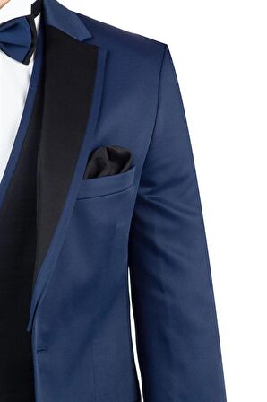 Saten Mono Yaka Astarlı Yelekli 6 Drop Slim Fit Dar Kesim Smokin Damatlık 1001190152 Lacivert