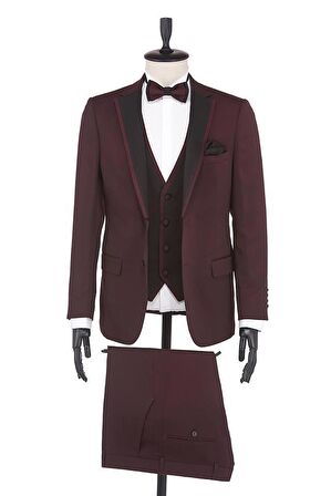 Desenli Armürlü Mono Yaka Astarlı Yelekli 6 Drop Slim Fit Dar Kesim Smokin Damatlık 1001190164 Bordo