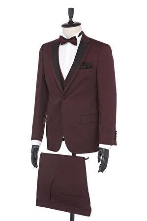Desenli Armürlü Mono Yaka Astarlı Yelekli 6 Drop Slim Fit Dar Kesim Smokin Damatlık 1001190164 Bordo