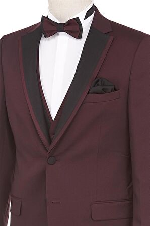 Desenli Armürlü Mono Yaka Astarlı Yelekli 6 Drop Slim Fit Dar Kesim Smokin Damatlık 1001190164 Bordo
